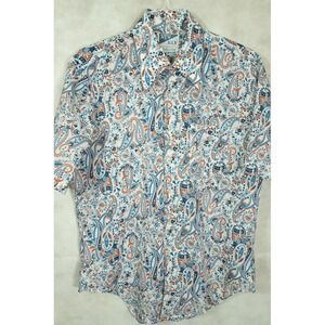 Vintage 70s New Man Paisley Shirt Mens Large Blue Orange Short Sleeve Btn Down